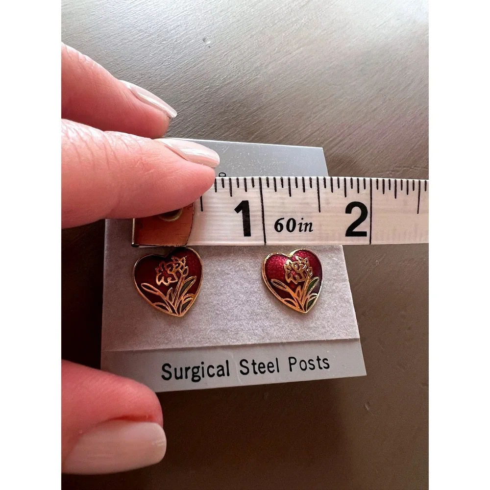 Vintage Genuine Cloisonne Heart Stud Earrings Red Gold Floral Botanical Dainty